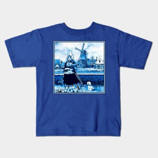 Dutch Girl Blue Delft Tulip Country Scene Kids T-Shirt